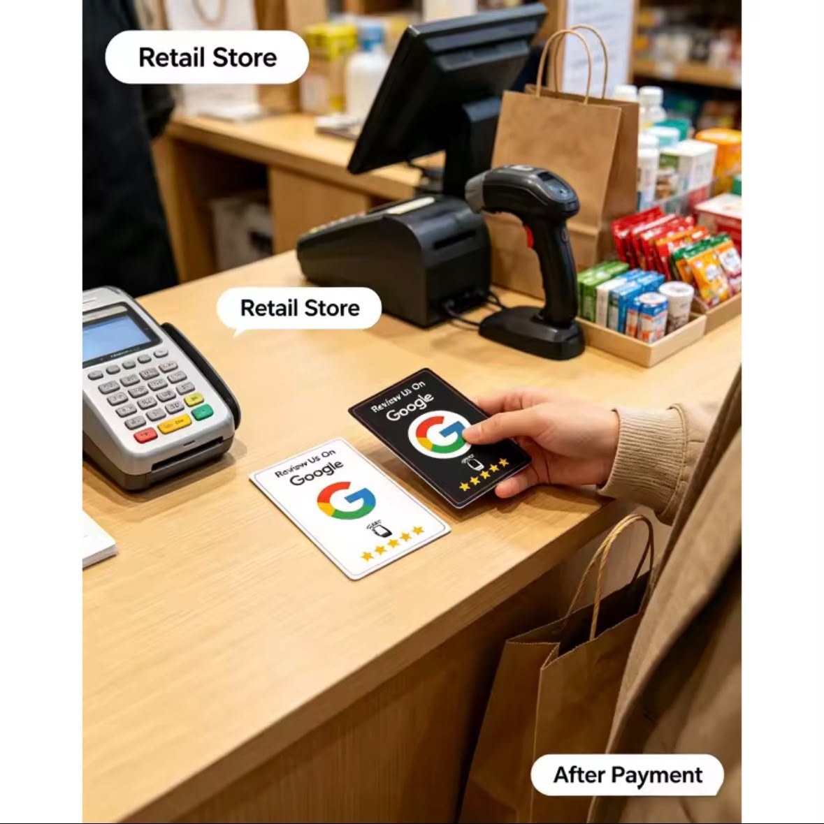 Card bianca e nera sul banco cassa di un negozio